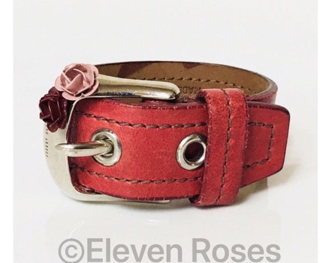 Miu Miu Red Leather Enamel Flower Buckle Bracelet Free US Shipping