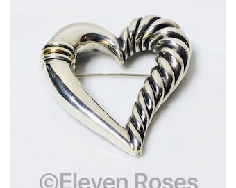 Vintage Yurman Extra Large Cable Heart Brooch DY 925 Sterling Silver 585 14k Yellow Gold