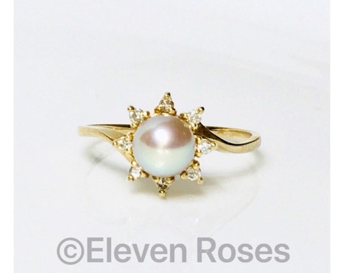 Vintage Na Hoku 585 14k Gold Pearl & Diamond Ring Free US Shipping