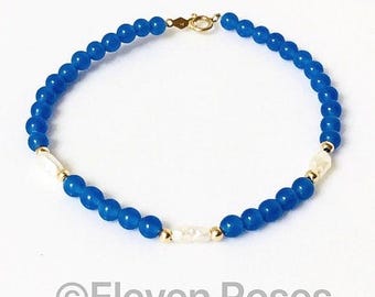 585 14k Gold Blue Agate Pearl Bead Station Bracelet