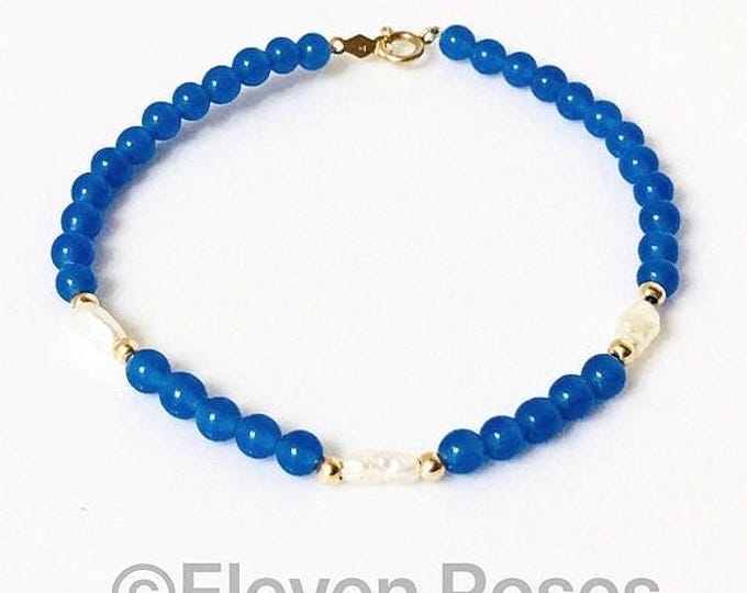 585 14k Gold Blue Agate Pearl Bead Station Bracelet