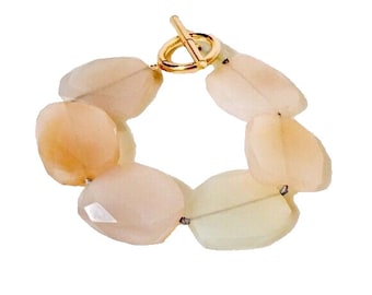 Large Chunky 585 14k Gold Chalcedony Stone Toggle Bracelet Free US Shipping