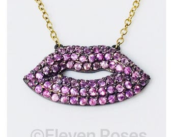 14k Gold Pink Sapphire Lips Necklace