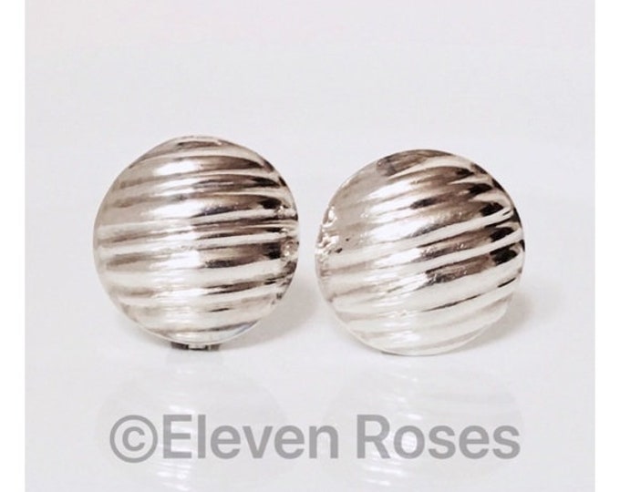 Vintage Taxco XL Ribbed Button Earrings 925 Sterling Silver Extra Large Free US Shipping