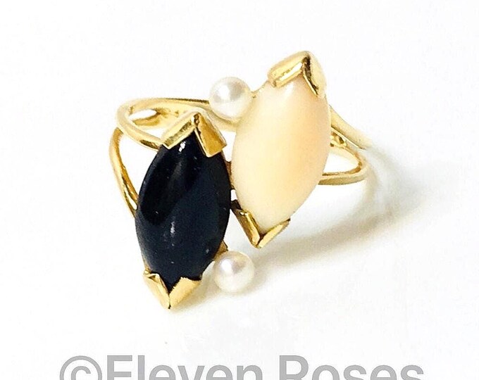 Vintage 14k Gold Angel Skin Black Coral Pearl Ring