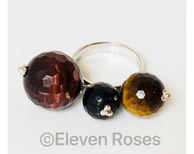 Large Unique Faceted Tigers Eye Gemstone Balls Dangle Cha Cha Ring 925 Sterling Silver Free US Shipping