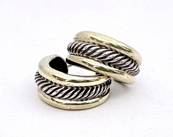 David Yurman Classic Cable Huggie Hoop Earrings 925 Sterling Silver 14k Gold