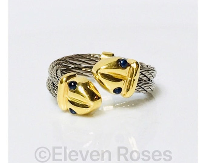 Unique Designer Al-OR 750 18k Gold Double Snake Head Blue Sapphire Cabochon Ring Two Row Steel Cable Band Free US Shipping