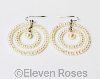 Sterling Pearl Double Circle Hoop Drop Earrings