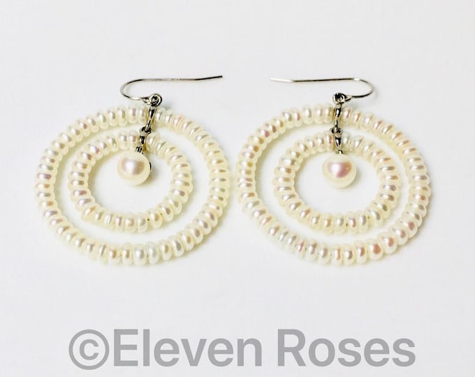 Sterling Pearl Double Circle Hoop Drop Earrings