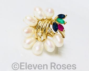 14k Gold Pearl Diamond Gemstone Cocktail Ring