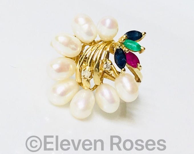 14k Gold Pearl Diamond Gemstone Cocktail Ring