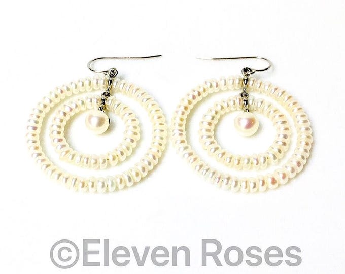 Sterling Silver Pearl Double Circle Hoop Drop Earrings