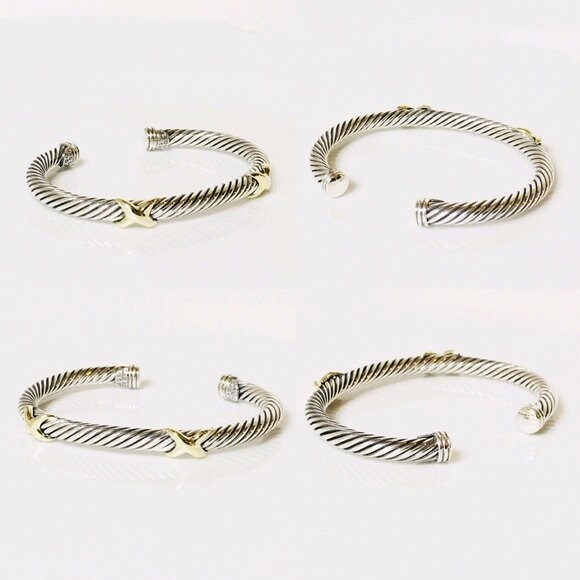 David Yurman Classic Cable Double X Cuff Bracelet 925 Sterling Silver & 585 14k Gold Free US