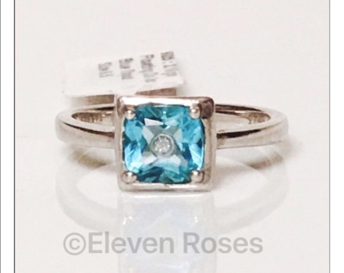 925 Sterling Silver Blue Topaz Floating Inside Diamond Ring Free US Shipping