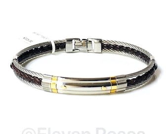 ALOR 18k Gold Steel Leather Cable Bracelet