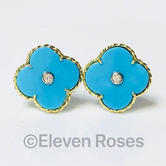 Vintage MAZ 750 18k Gold Turquoise Diamond Clover… - image 8