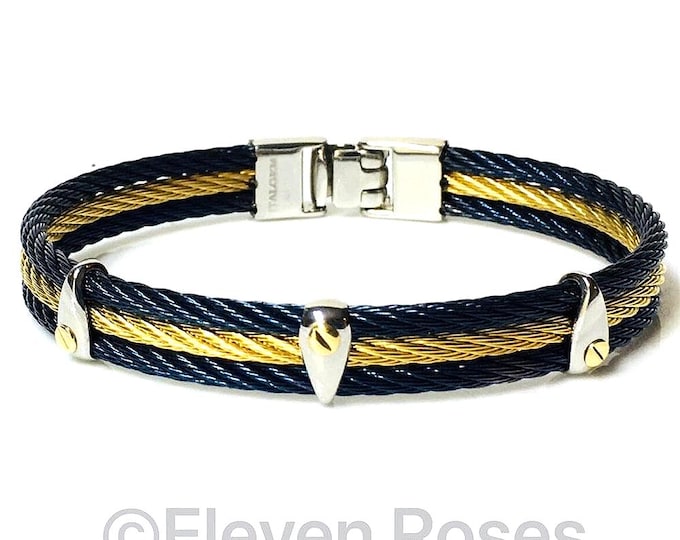 Italgem 18k Gold Blue Steel Cable Bangle Bracelet