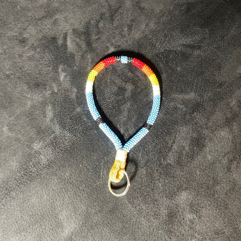 Blue Rainbow NATIVE BEADED KEYCHAIN Baby blue, black, red, orange, yellow, white image 2