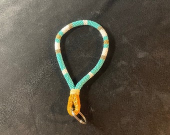 Gold & Teal - NATIVE BEADED KEYCHAIN - Teal, grey, white, gold