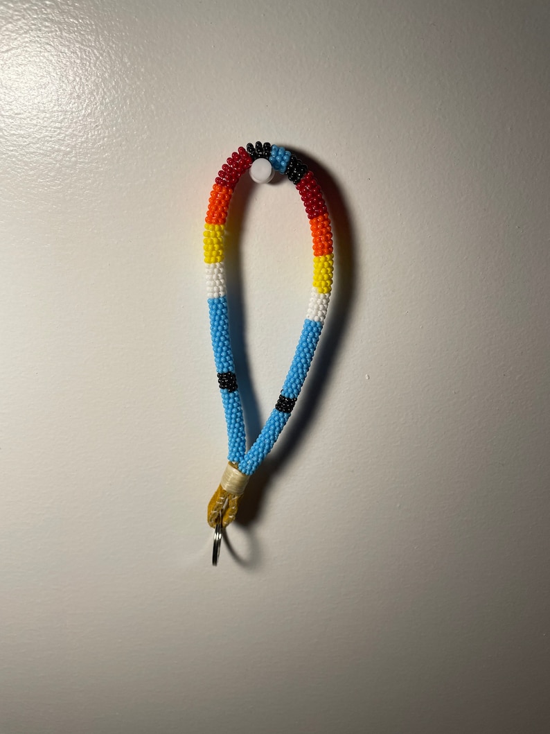 Blue Rainbow NATIVE BEADED KEYCHAIN Baby blue, black, red, orange, yellow, white image 6