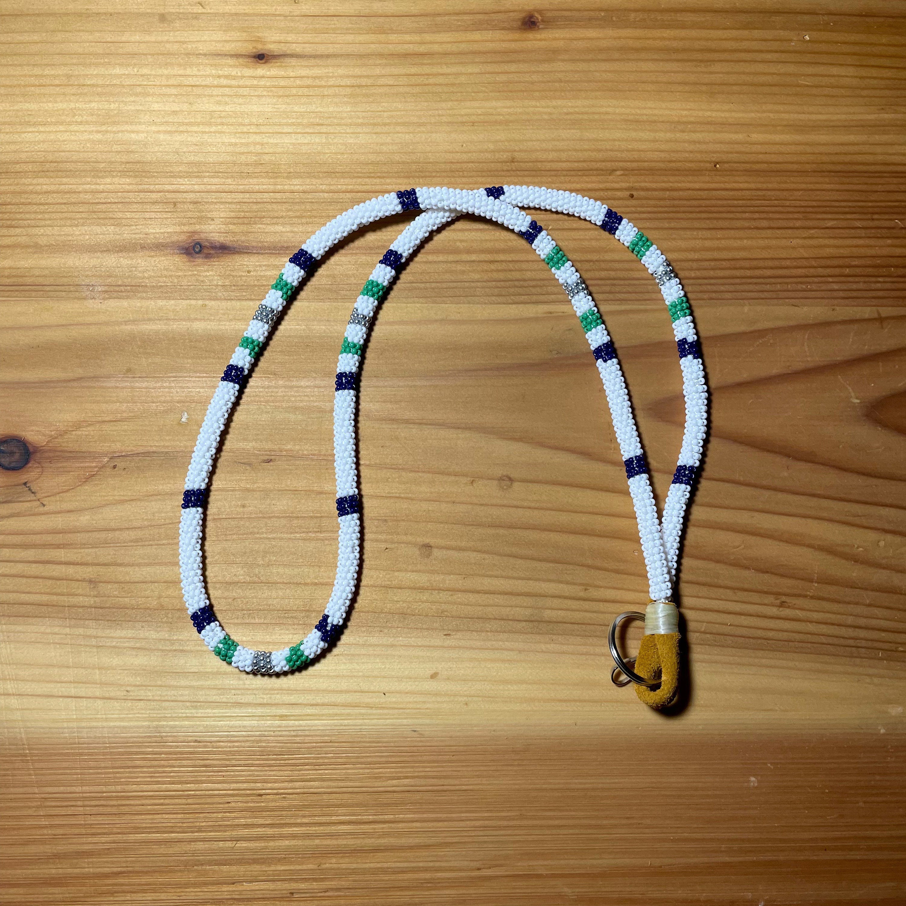 Canuck - NATIVE BEADED LANYARD - White , green, blue, silver