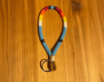 Blue Rainbow - NATIVE BEADED KEYCHAIN - Baby blue, black, red, orange, yellow, white