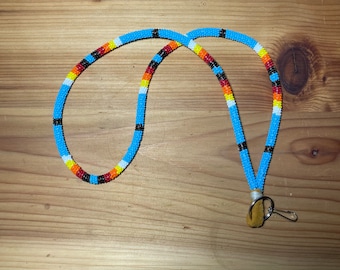 Blue Rainbow - NATIVE BEADED LANYARD - Light blue, black, red, orange, yellow, white