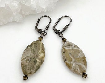 Petoskey Stone Fossil Earrings, Fossilized Coral Earrings, LE374