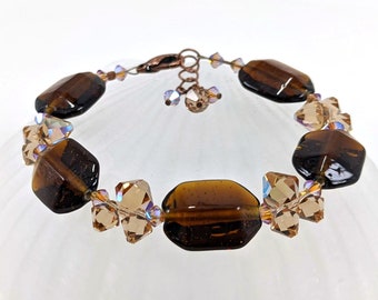 Vintage Brown Glass Bracelet, Swarovski Crystals, Copper Clasp DB153