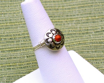 Silver Coral Ring, Red Ring, Southwestern Jewelry, Silver Ring, Wire Wrap Ring, Silver Flower Ring, Southwest Ring DR72