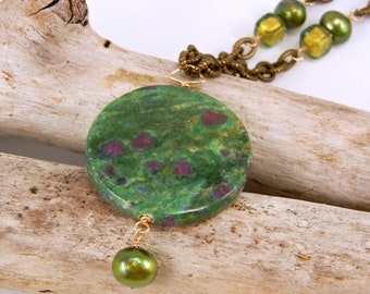 Ruby Zoisite Pendant, Green Necklace, Brass Jewelry, Natural Stone Jewelry, Statement Necklace, Brass Necklace, Green Stone Pendant DN436