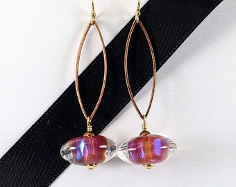 Copper Boho Earrings, Marquis Boho Earrings, Copper Purple Earrings, Boho Jewelry, Lampwork Glass Earrings, Mixed Metal Earrings DE764