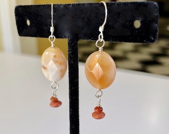 Orange Agate and Sunstone Earrings, Sterling Silver, Gemstone Gifts for Her, LE257