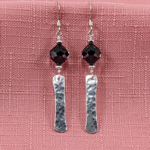 Hammered Sterling Silver and Jet Clear Swarovski Crystal Earrings, Silver Bar Earrings, Minimalist Earrings, Black and Silver JewelryDE736