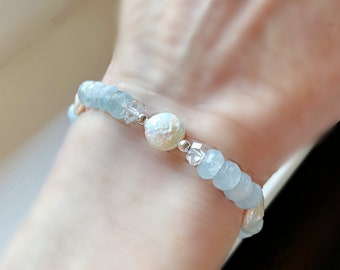 Aquamarine and Coin Pearl Bracelet with Herkimer Diamonds, Sterling Silver LB63