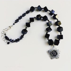 Black Onyx Necklace, Vintage Sterling Pendant, Statement Necklace, Swarovski Crystal, LN209