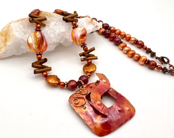 Bespoke Copper Statement Necklace, Designer Copper Pendant, Mixed Gemstone and Pearl Necklace, Gifts for Her, LN392