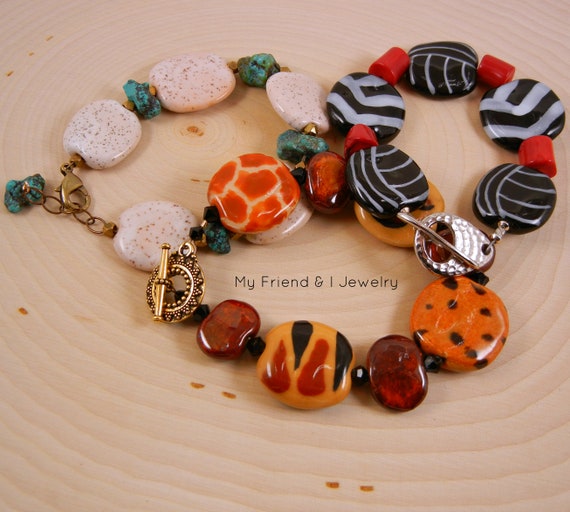 Turquoise Nugget Bracelet, Kazuri African Clay Coin Beads, Boho