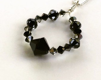 Swarovski Crystal Pendant, Black, Necklace, Sterling Silver, Minimalist, LN170