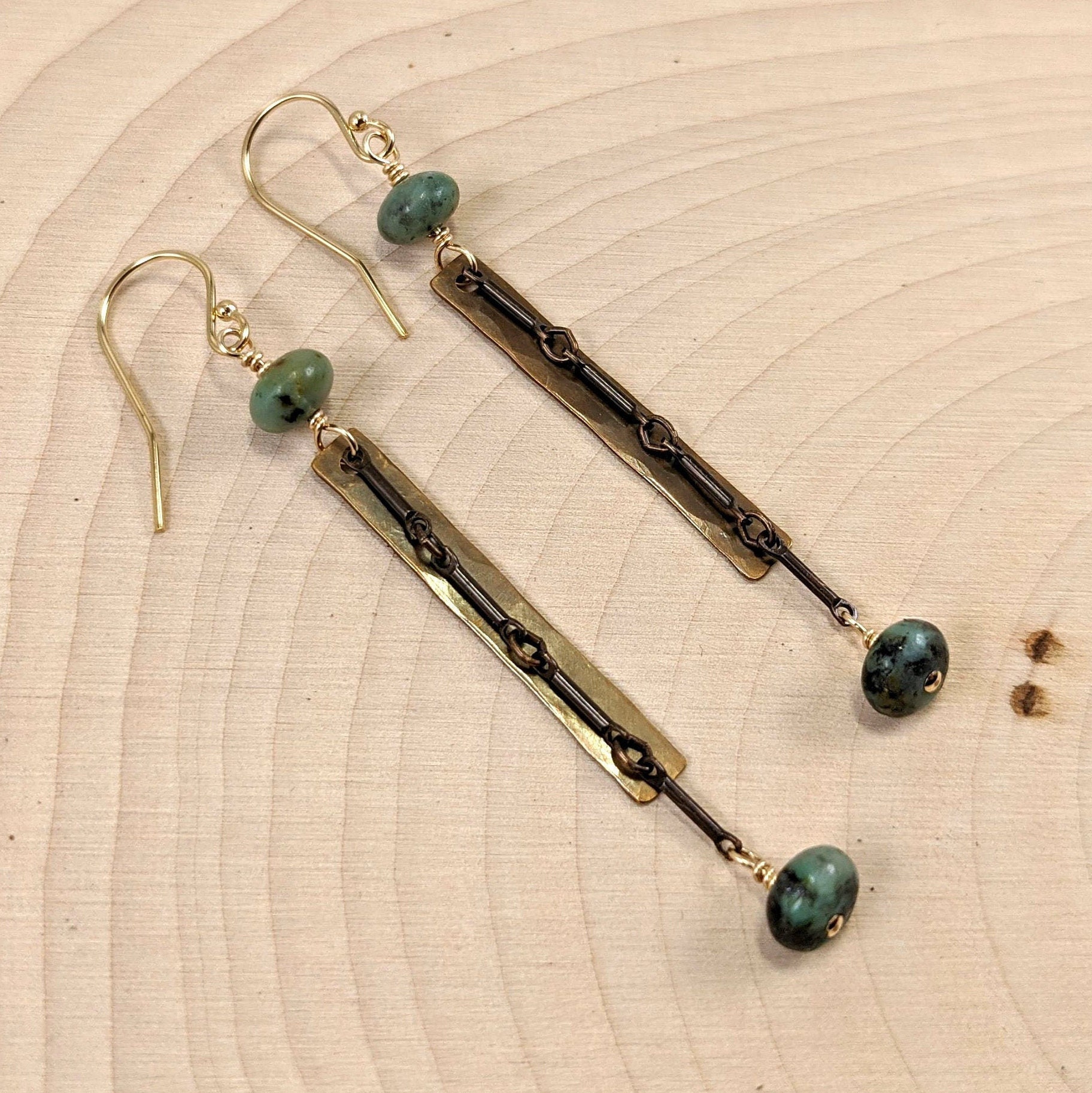 African Turquoise Hammered Antiqued Brass Bar Earrings, Earthy Boho Earrings, Minimalist Earrings, Brass Jewelry, Turquoise Jewelry DE752