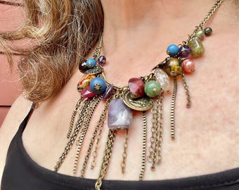 Boho Statement Necklace, Brass Chains, Mixed Beads, One of a Kind Necklace, LN380