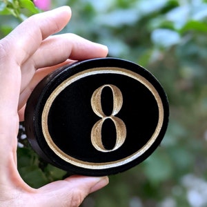 Pode incluir: Placa oval preta com número de casa com borda dourada e o número 8 em dourado. A placa é segurada em frente a um fundo verde e rosa desfocado.