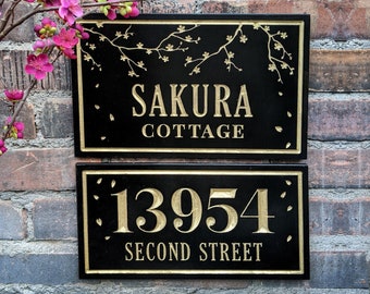 Cherry Blossom Combo House Name and Address Plaque, Housewarming Gift, Open House, Address Sign, House Number, Outdoor Sign, Carved