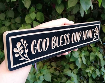 13"x 3 » God Bless Our Home Sign, Housewarming Gift, Cadeau d’anniversaire, Cadeau de mariage, Cadeau de jeunes mariés, Cadeau de Noël