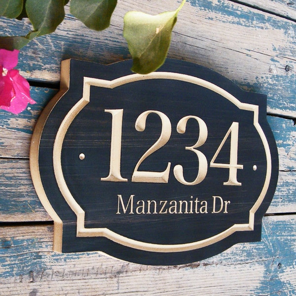 15"x 10" Classic House Number Engraved Plaque, Ready to Hang Custom Carved Sign, Personalized Address Plaque, Numbers Street and Family Name