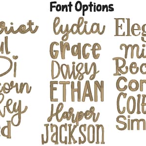 May include: Image showcasing various font options for personalized text. The fonts include options like "harriet", "Joyful", "Heidi", "unicorn", "Presley", "Jared", "lydia", "Grace", "Daisy", "ETHAN", "Harper", "Jackson", "Elegant", "Millie", "Recess", "Connor", "Colton", and "Simple".