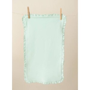 May include: A light green baby blanket with a ruffled edge. The blanket is hanging on a clothesline with wooden clothespins.