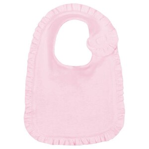 May include: A pink baby bib with a ruffled edge and a small ruffle on the shoulder.