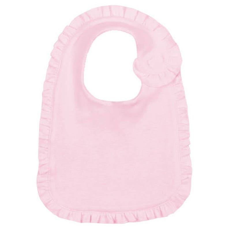 May include: A pink baby bib with a ruffled edge and a small ruffle on the shoulder.